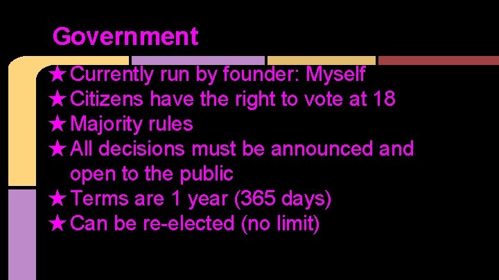 Government ★ Currently run by founder: Myself ★ Citizens have the right to vote