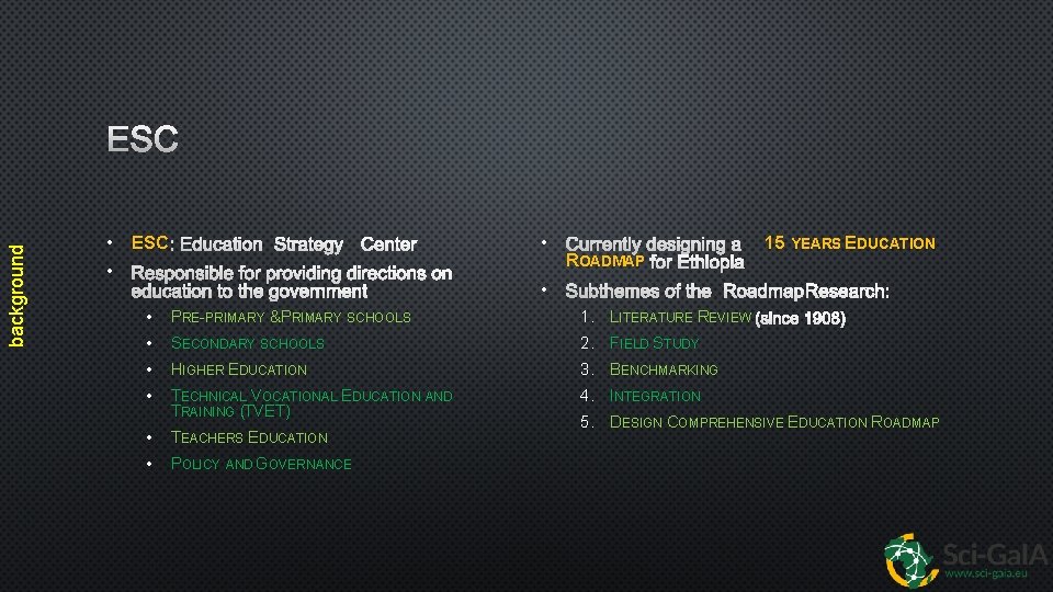 background ESC • ESC : EDUCATION STRATEGY CENTER • RESPONSIBLE FOR PROVIDING DIRECTIONS ON