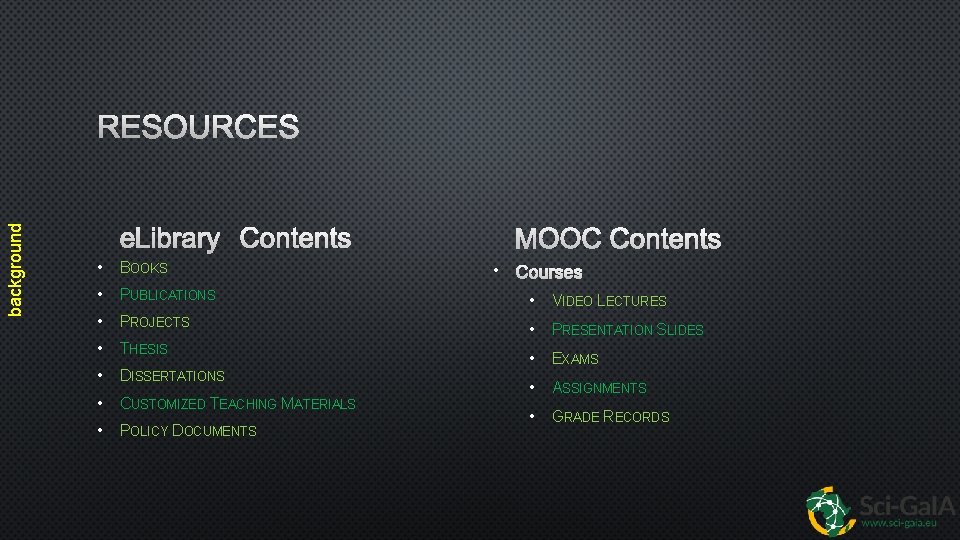 background RESOURCES ELIBRARY CONTENTS • BOOKS MOOC CONTENTS • COURSES • PUBLICATIONS • VIDEO