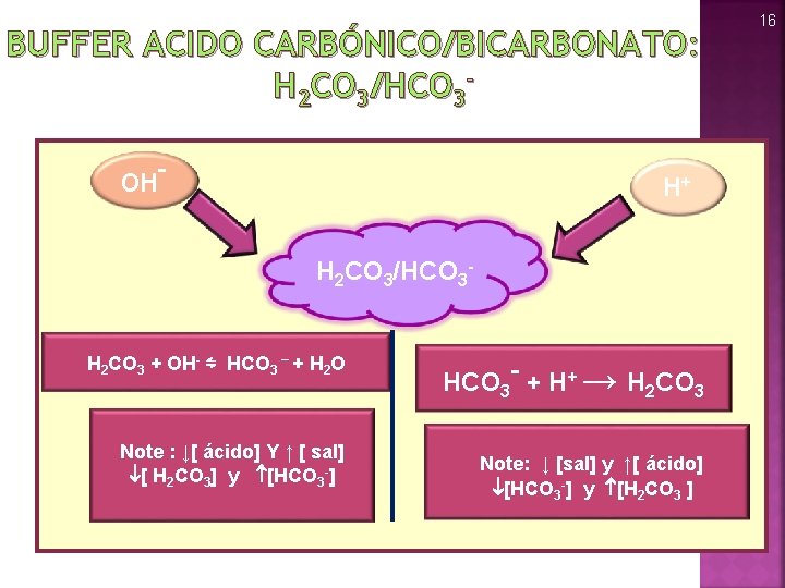 BUFFER ACIDO CARBÓNICO/BICARBONATO: H 2 CO 3/HCO 3 OH- H+ H 2 CO 3/HCO