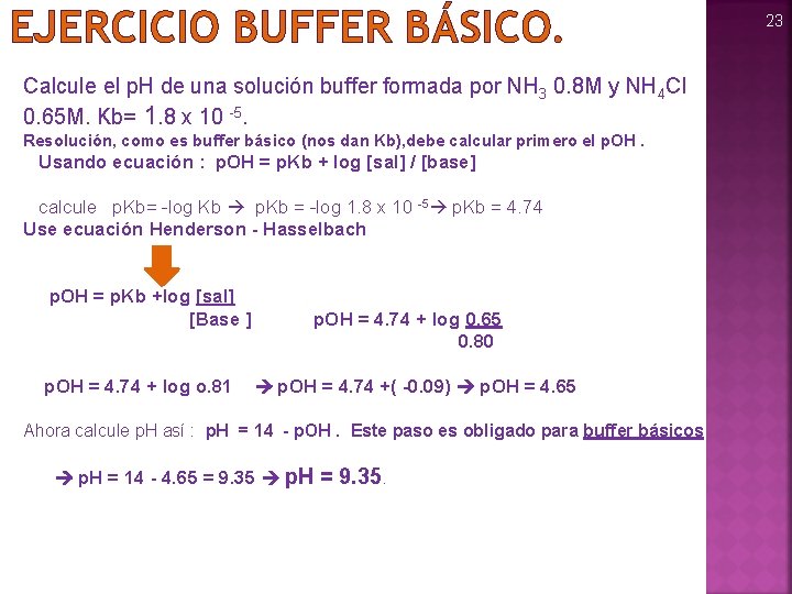 EJERCICIO BUFFER BÁSICO. Calcule el p. H de una solución buffer formada por NH