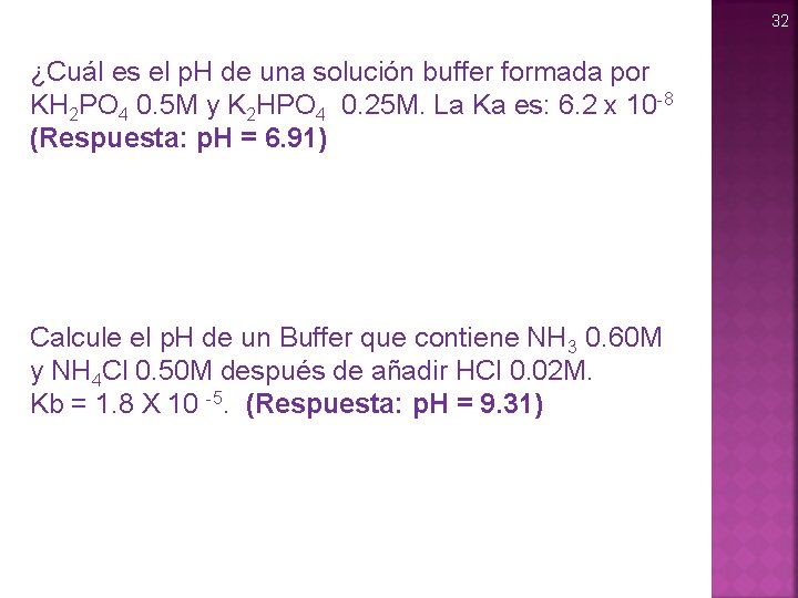 32 ¿Cuál es el p. H de una solución buffer formada por KH 2