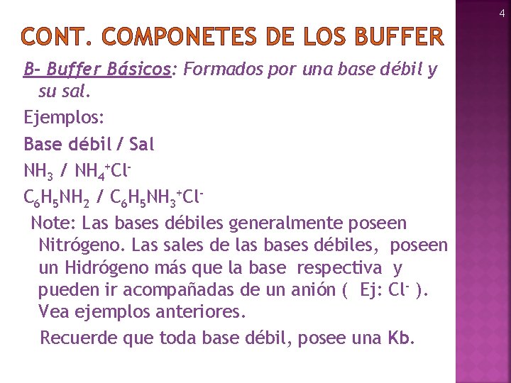4 CONT. COMPONETES DE LOS BUFFER B- Buffer Básicos: Formados por una base débil