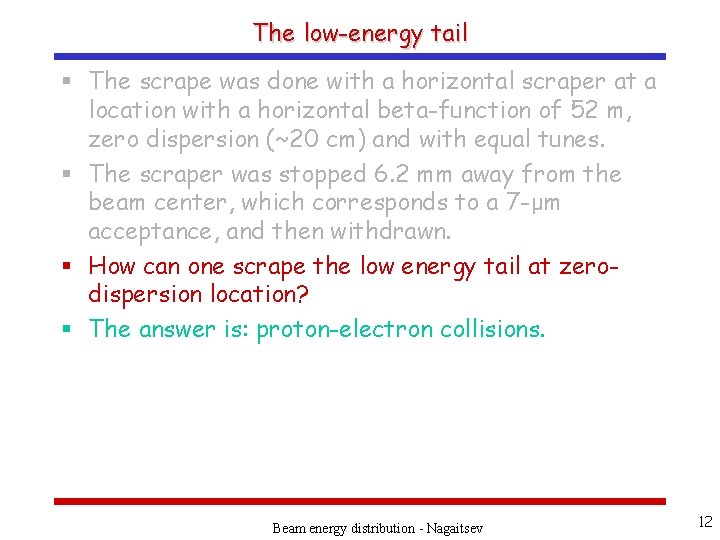 The low-energy tail § The scrape was done with a horizontal scraper at a