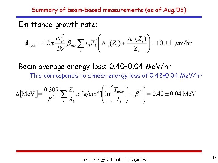 Summary of beam-based measurements (as of Aug. ’ 03) Emittance growth rate: Beam average