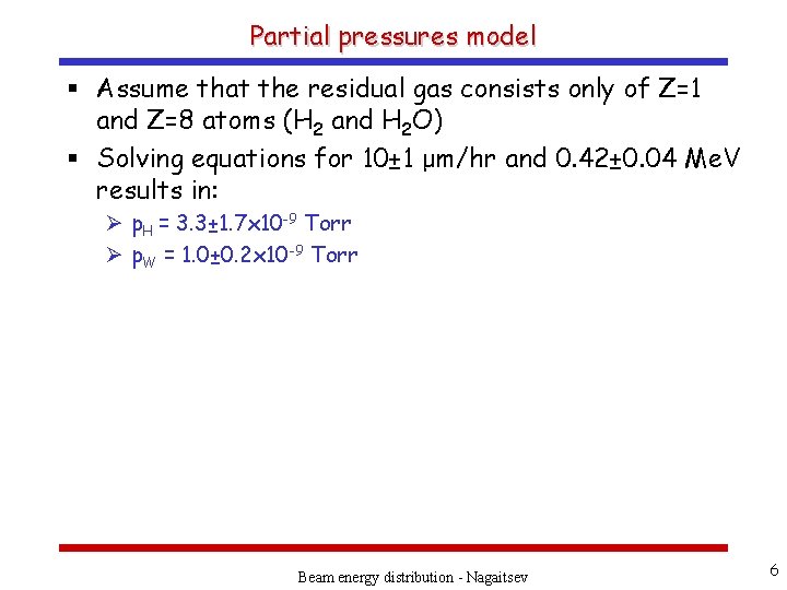 Partial pressures model § Assume that the residual gas consists only of Z=1 and