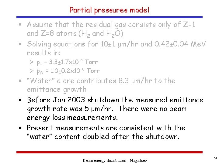 Partial pressures model § Assume that the residual gas consists only of Z=1 and