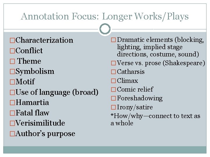 Annotation Focus: Longer Works/Plays �Characterization �Conflict � Theme �Symbolism �Motif �Use of language (broad)