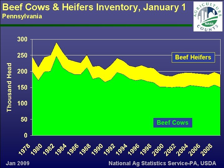 Beef Cows & Heifers Inventory, January 1 Pennsylvania Beef Heifers Beef Cows Jan 2009