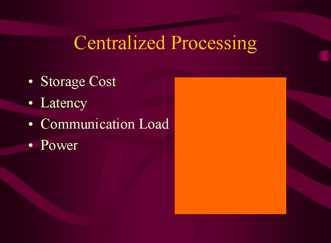 Centralized Processing • • Storage Cost Latency Communication Load Power 