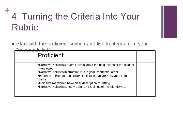 + 4. Turning the Criteria Into Your Rubric n Start with the proficient section