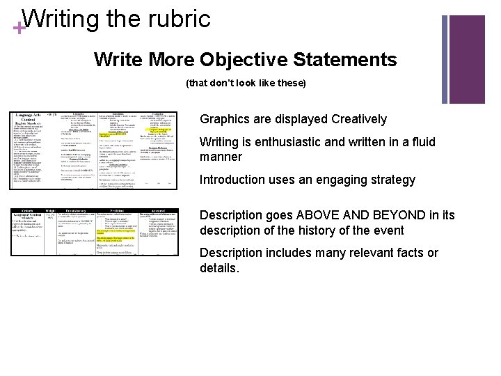 Writing the rubric + Write More Objective Statements (that don’t look like these) Graphics