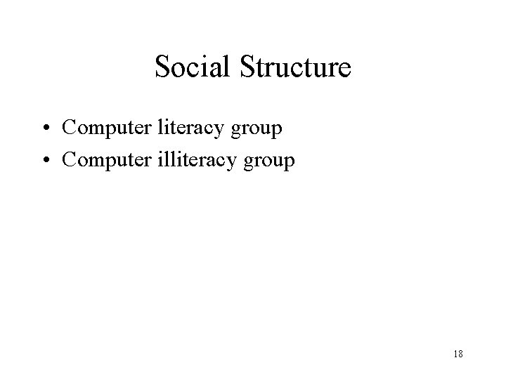 Social Structure • Computer literacy group • Computer illiteracy group 18 