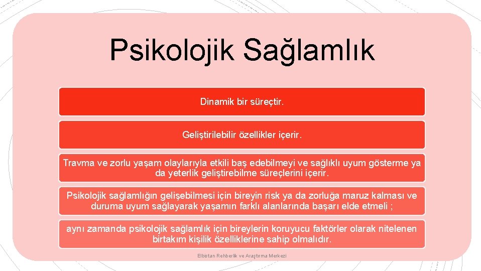 Psikolojik Sağlamlık Dinamik bir süreçtir. Geliştirilebilir özellikler içerir. Travma ve zorlu yaşam olaylarıyla etkili