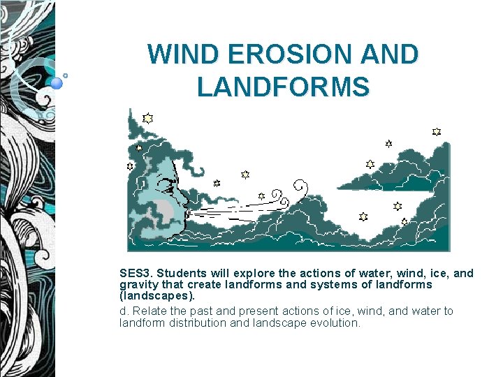 WIND EROSION AND LANDFORMS SES 3. Students will explore the actions of water, wind,