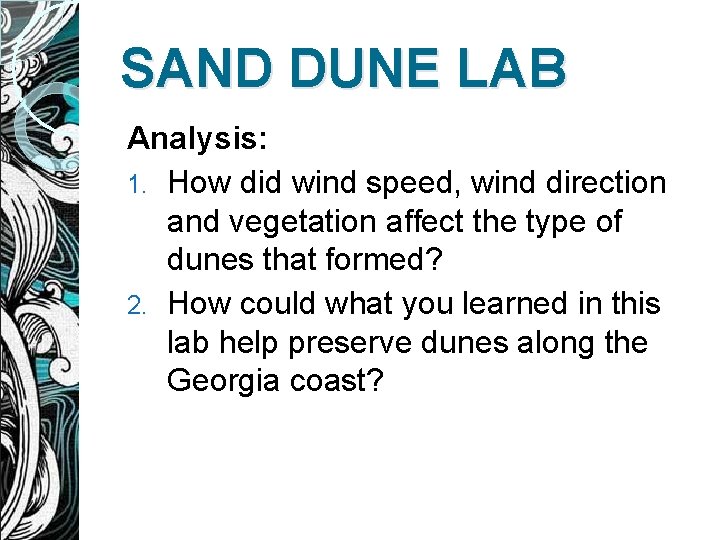 SAND DUNE LAB Analysis: 1. How did wind speed, wind direction and vegetation affect