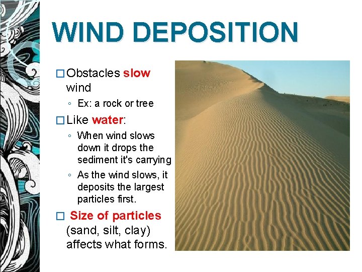 WIND DEPOSITION � Obstacles slow wind ◦ Ex: a rock or tree � Like