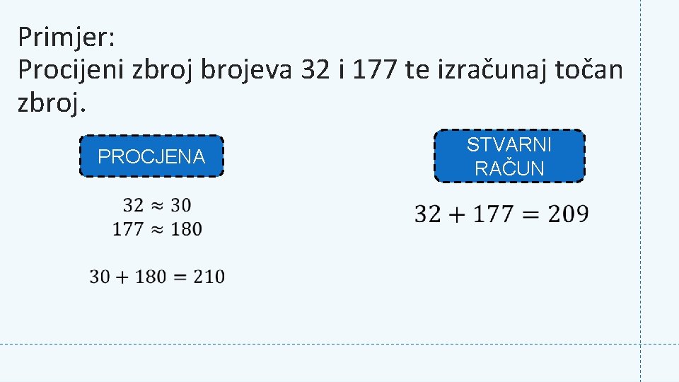 Primjer: Procijeni zbrojeva 32 i 177 te izračunaj točan zbroj. PROCJENA STVARNI RAČUN 