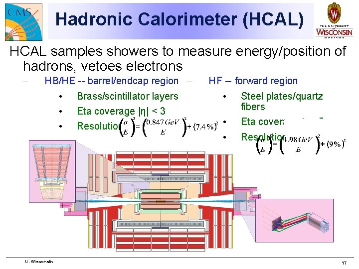Hadronic Calorimeter (HCAL) HCAL samples showers to measure energy/position of hadrons, vetoes electrons –