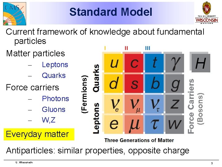 Standard Model Leptons Quarks Force carriers – – – Photons Gluons W, Z (Bosons)