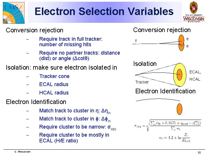 Electron Selection Variables Conversion rejection – – Require track in full tracker: number of