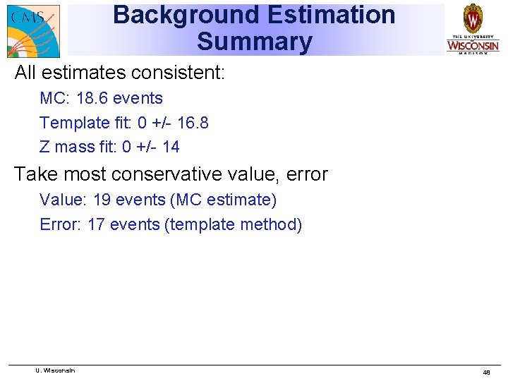 Background Estimation Summary All estimates consistent: MC: 18. 6 events Template fit: 0 +/-
