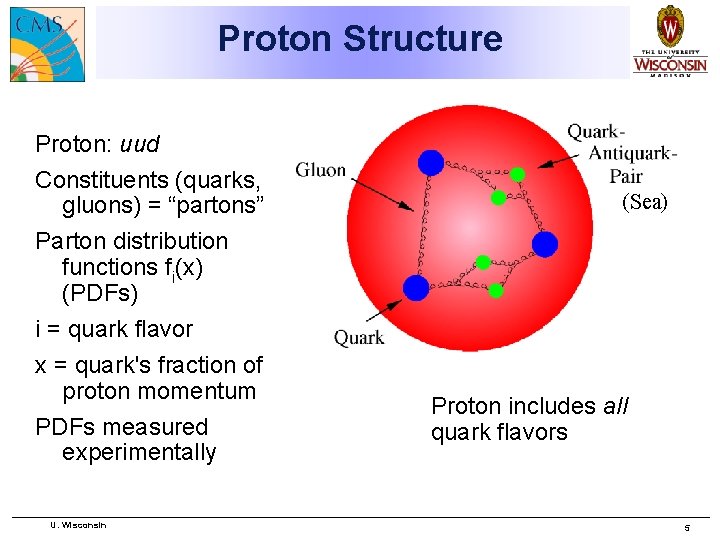 Proton Structure Proton: uud Constituents (quarks, gluons) = “partons” (Sea) Parton distribution functions fi(x)
