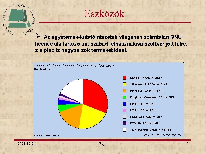 Eszközök Ø Az egyetemek-kutatóintézetek világában számtalan GNU licence alá tartozó ún. szabad felhasználású szoftver