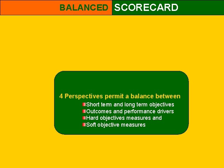 BALANCED SCORECARD 4 Perspectives permit a balance between Short term and long term objectives