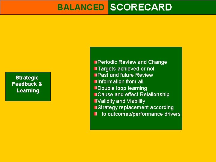 BALANCED SCORECARD Strategic Feedback & Learning Periodic Review and Change Targets-achieved or not Past