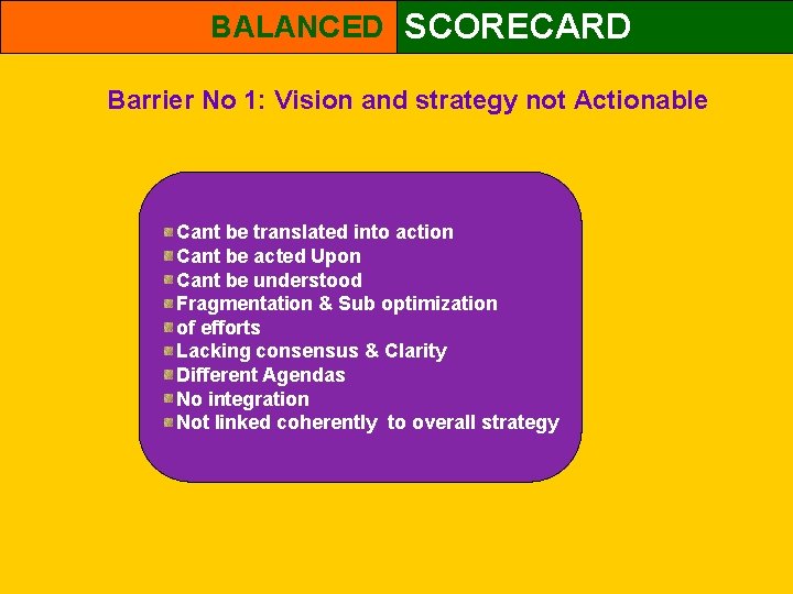 BALANCED SCORECARD Barrier No 1: Vision and strategy not Actionable Cant be translated into