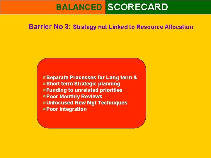 BALANCED SCORECARD Barrier No 3: Strategy not Linked to Resource Allocation Separate Processes for