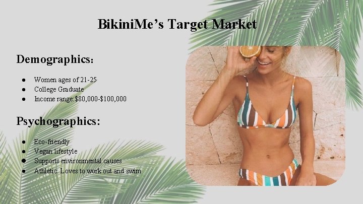 Bikini. Me’s Target Market Demographics: ● ● ● Women ages of 21 -25 College