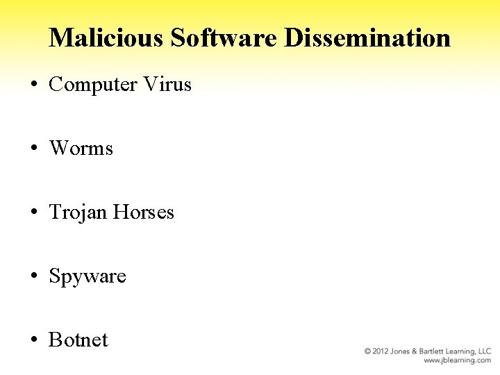 Malicious Software Dissemination • Computer Virus • Worms • Trojan Horses • Spyware •