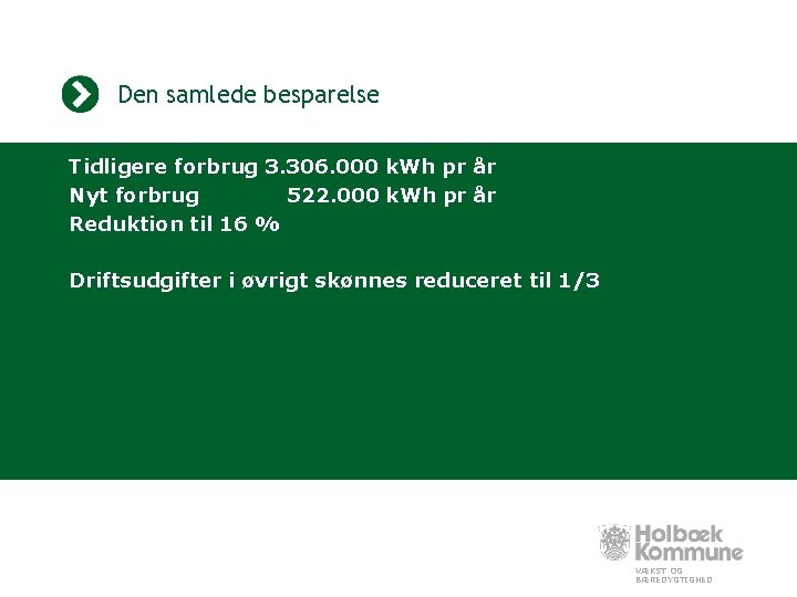 Den samlede besparelse Tidligere forbrug 3. 306. 000 k. Wh pr år Nyt forbrug