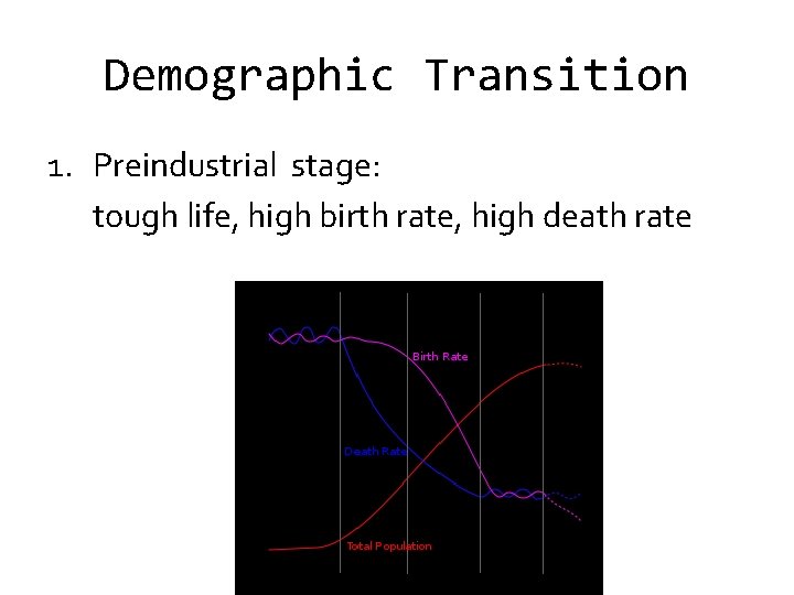 Demographic Transition 1. Preindustrial stage: tough life, high birth rate, high death rate 