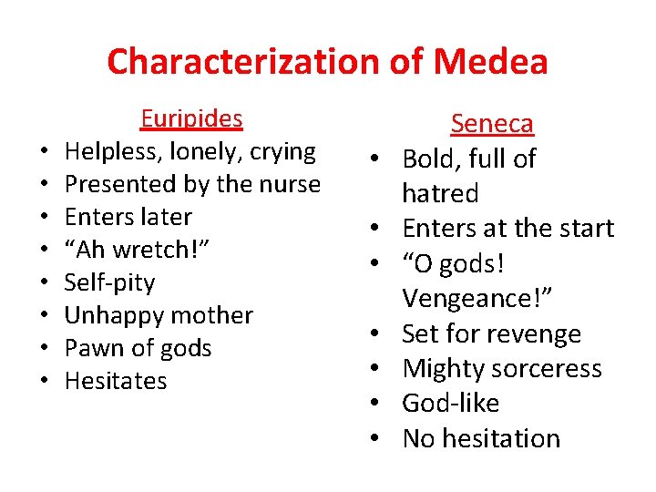 Characterization of Medea • • Euripides Helpless, lonely, crying Presented by the nurse Enters