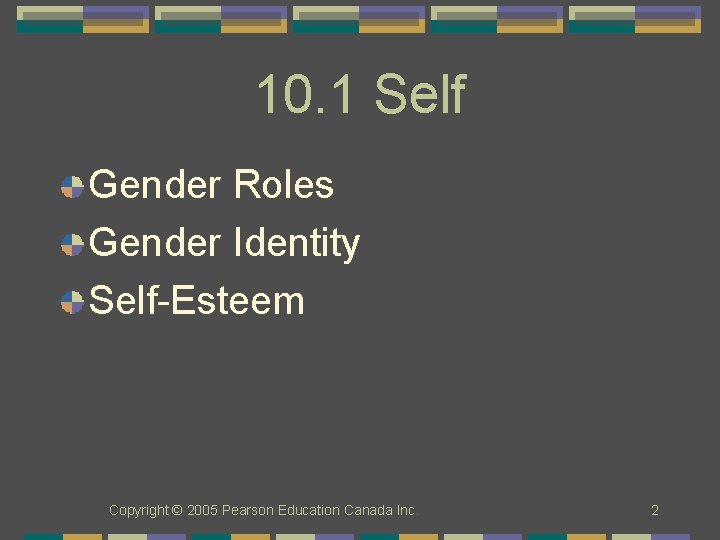 10. 1 Self Gender Roles Gender Identity Self-Esteem Copyright © 2005 Pearson Education Canada
