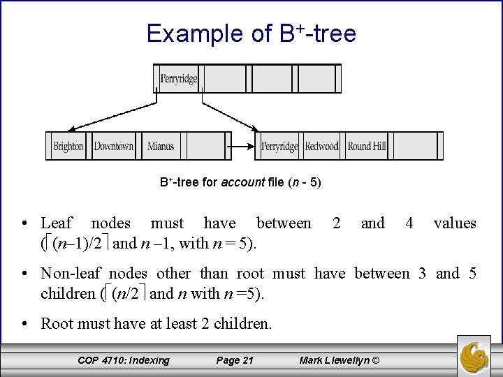 Example of B+-tree for account file (n - 5) • Leaf nodes must have