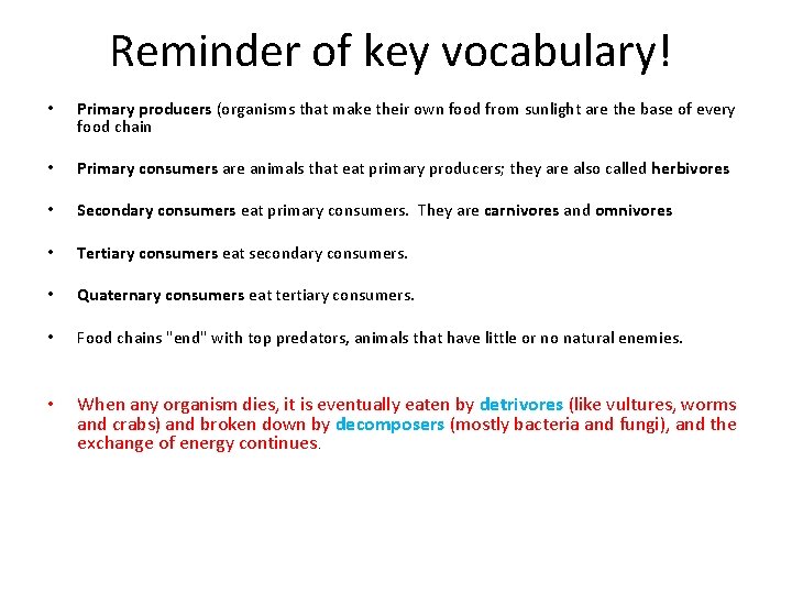 Reminder of key vocabulary! • Primary producers (organisms that make their own food from