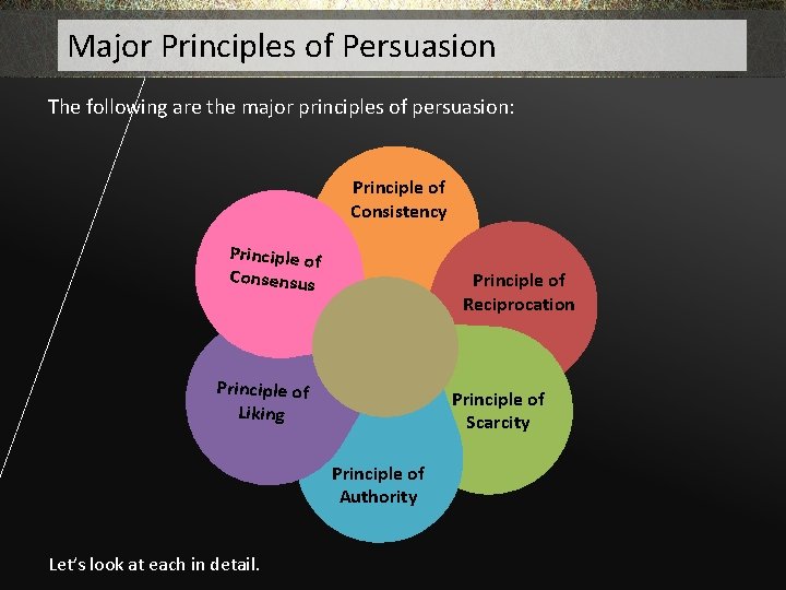 Major Principles of Persuasion The following are the major principles of persuasion: Principle of