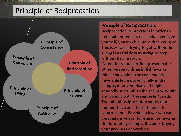 Principle of Reciprocation: Principle of Consistency Principle of Consensus Principle of Reciprocation Principle of