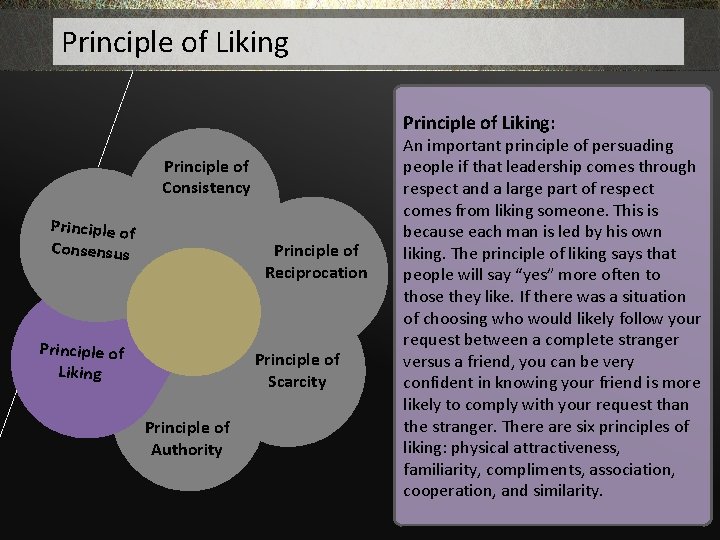 Principle of Liking: Principle of Consistency Principle of Consensus Principle of Reciprocation Principle of