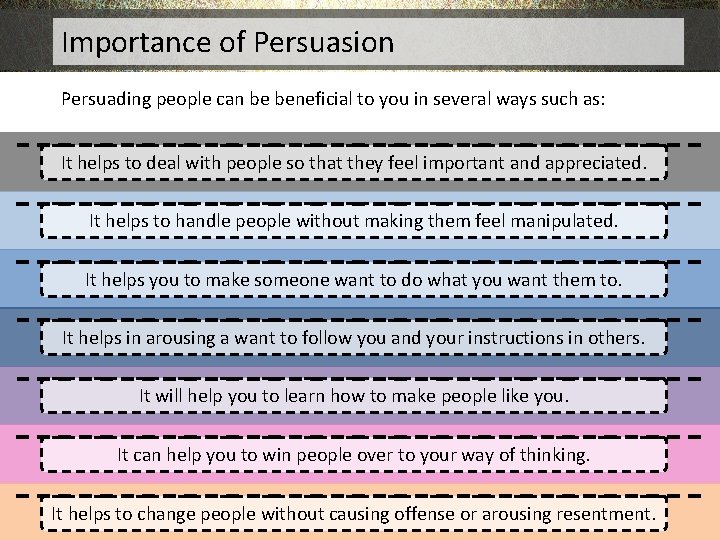 Importance of Persuasion Persuading people can be beneficial to you in several ways such