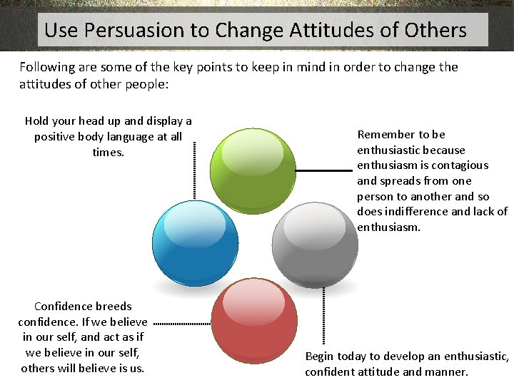 Use Persuasion to Change Attitudes of Others Following are some of the key points