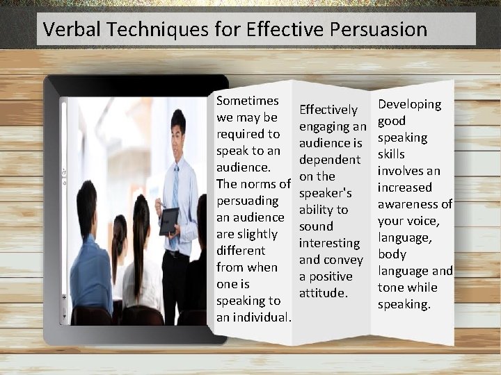 Verbal Techniques for Effective Persuasion Sometimes we may be required to speak to an