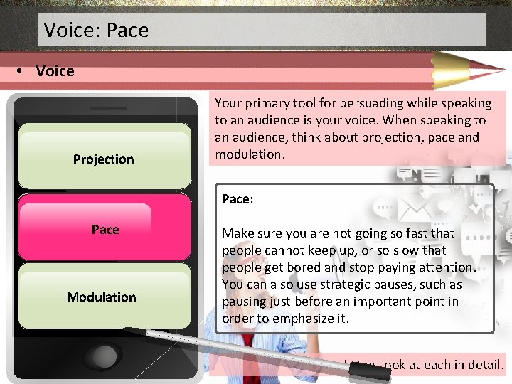 Voice: Pace • Voice Projection Your primary tool for persuading while speaking to an