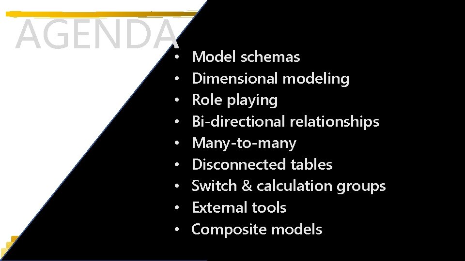 AGENDA • • • April 2021 Model schemas Dimensional modeling Role playing Bi-directional relationships