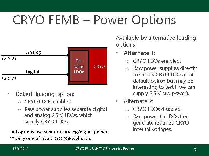 CRYO FEMB – Power Options Available by alternative loading options: • Alternate 1: Analog