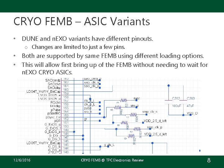 CRYO FEMB – ASIC Variants • DUNE and n. EXO variants have different pinouts.